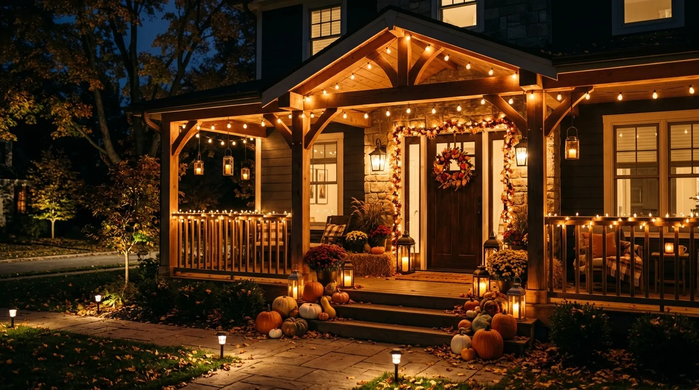 Elegant fall porch at night with warm lights